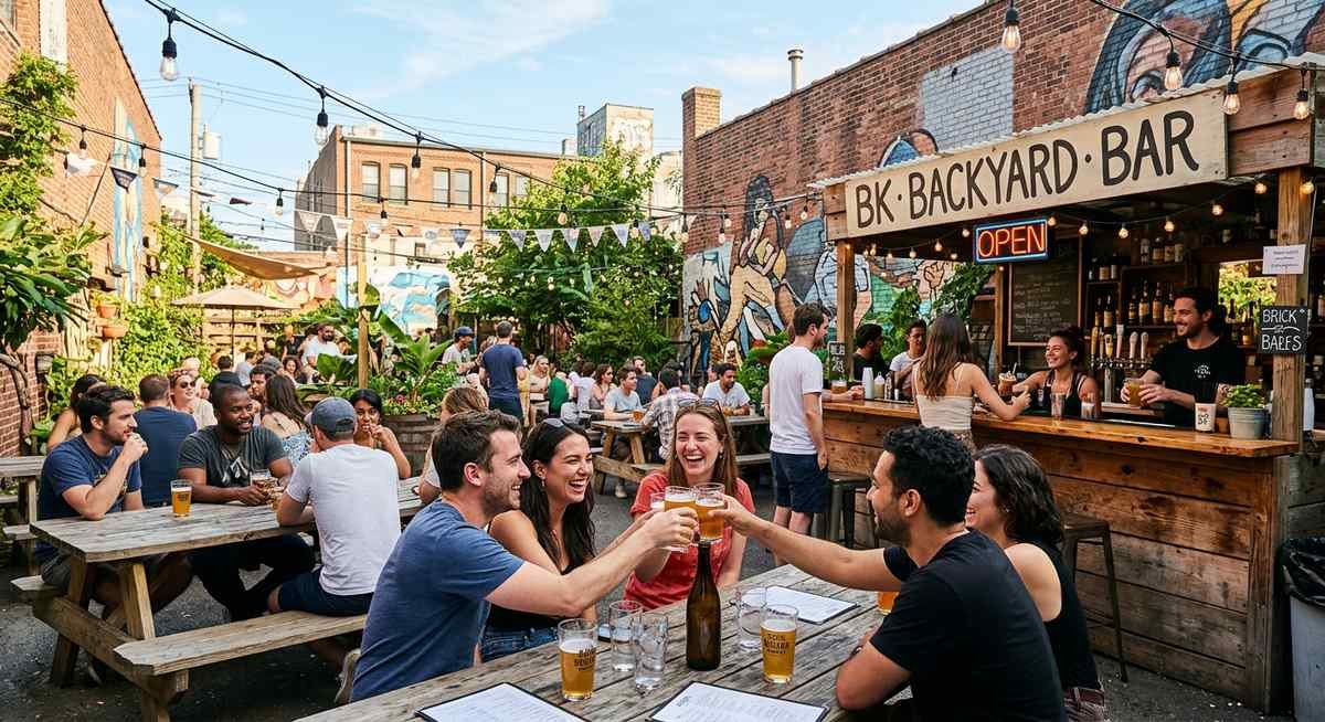 BK Backyard Bar outdoor space in Greenpoint Brooklyn with picnic tables, TVs, and string lights