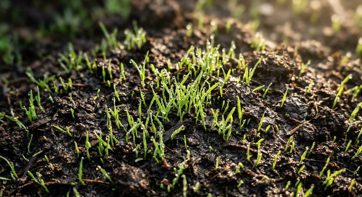 how long does it take grass seed to grow — fresh green grass seedlings emerging from dark soil with morning dew