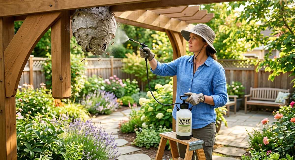 Paper wasp nest attached to backyard deck railing with wasps visible on comb surface