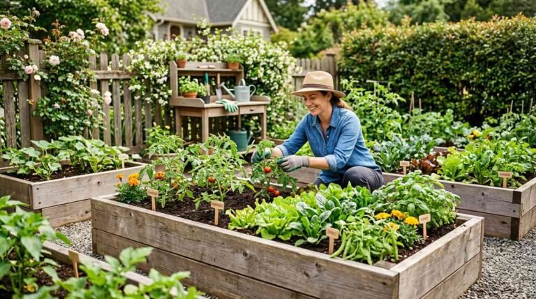 Thriving raised bed vegetable garden with wooden and metal garden beds in a sunny backyard