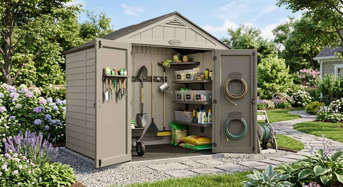 Suncast storage shed accessories including shelves hooks and organizer kits displayed inside a resin shed