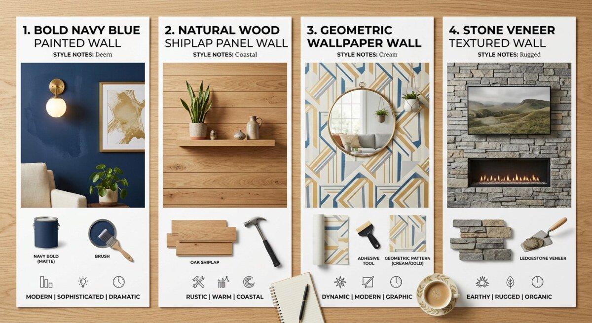 four living room accent wall types, painted wall, wood shiplap, patterned wallpaper, and stone veneer side by side comparison