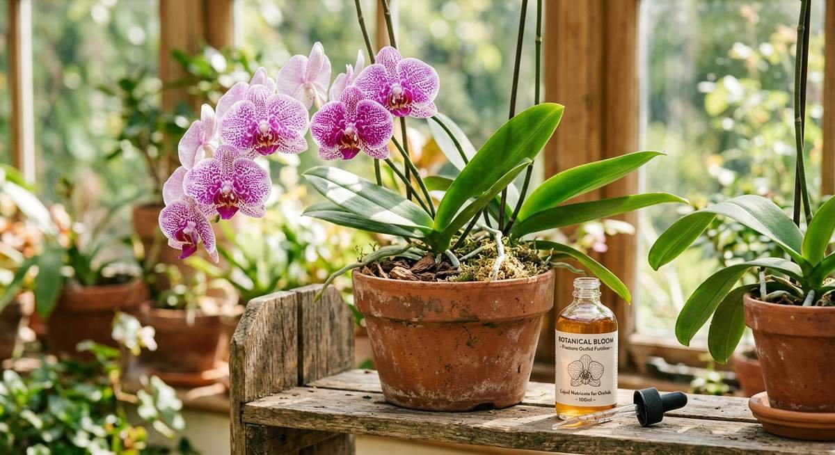 fertilizer orchids plants — Phalaenopsis orchid in bloom beside liquid fertilizer bottle and dropper, demonstrating proper orchid fertilizing setup
