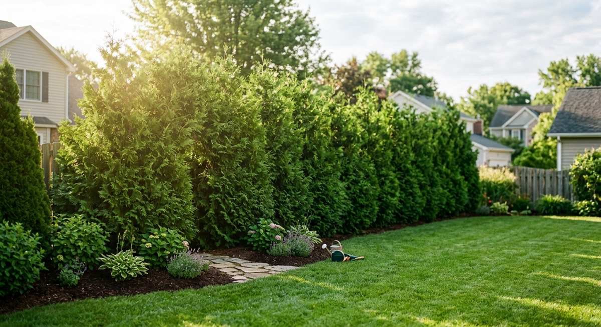 emerald green arborvitae planting — dense privacy hedge row in suburban backyard with morning sunlight