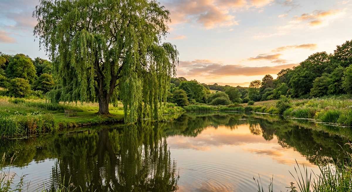 Mature weeping willow tree beside a pond with cascading branches touching the water surface at golden hour